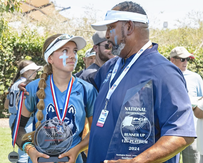 FRONT PAGE pic - Peyton Guthrie and Wolfpack Head Coach Clint Watson after the 2024 PGF Nationals