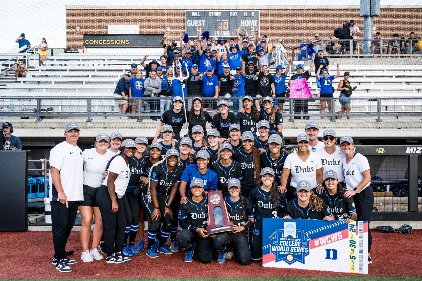 The Blue Devils team on May 27, 2024,after clinching its first appearance ever in the Womens College World Series. Photo by Duke Softball