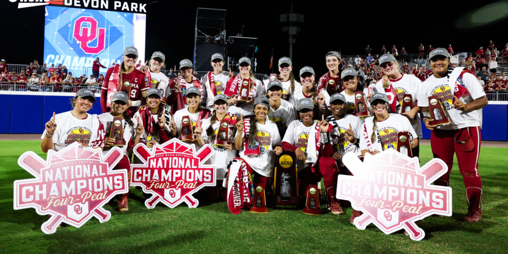 The Oklahoma Sooners celebrate title No. 4 in a row in June. Photo - NCAA Softball.