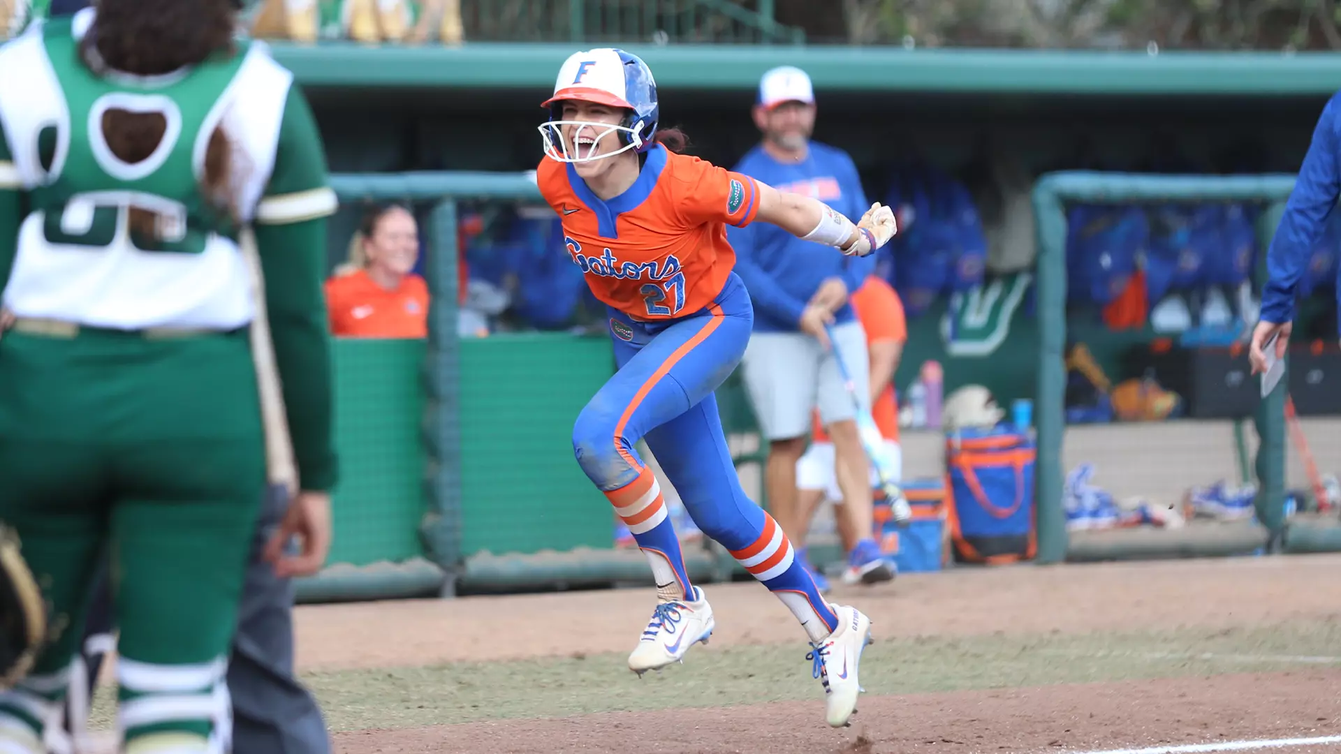 Kendra Falby scores for top-ranked Florida Gators in a win over Georgia Southern. Photo courtesy of UF Softball (Leslie White)