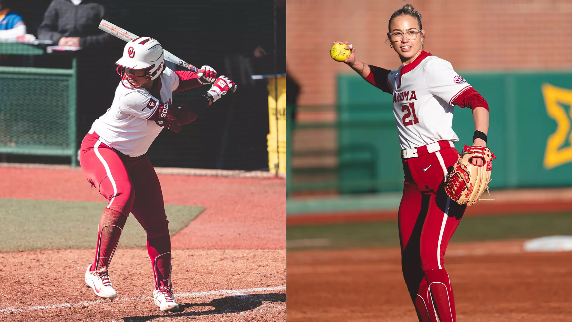 Sam Landry (left) and Ella Parker were tabbed as the Co-SEC Player of the Week and SEC Co-Pitcher of the Week as announced on Monday (Feb. 17, 2025) Photo courtesy of OU Softball