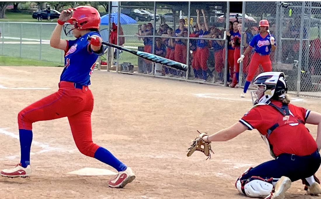 Friday action between the Corona Angels 18U - Tyson connects on the pitch in her teams 8-4 win over Virginia Glory 18U on Friday at The P5 Patriot Games
