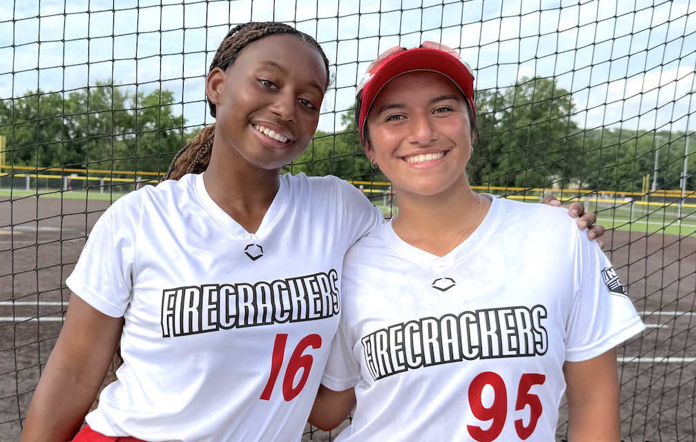 Teagan Breaux (left) anda Isabella Gonzalez... two standout 2027s on the Firecrackers 16U - Vines team GOOD