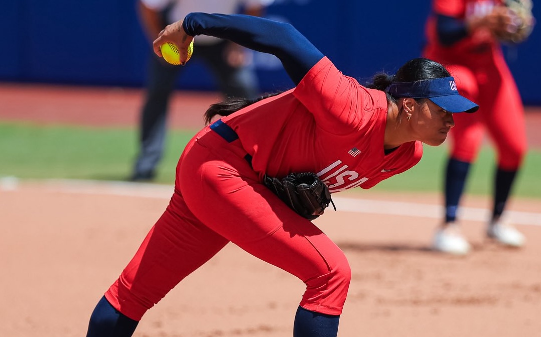 Team USA pitcher Megan Faraimo is locked in during Game 1 play. Photo - USA Softball