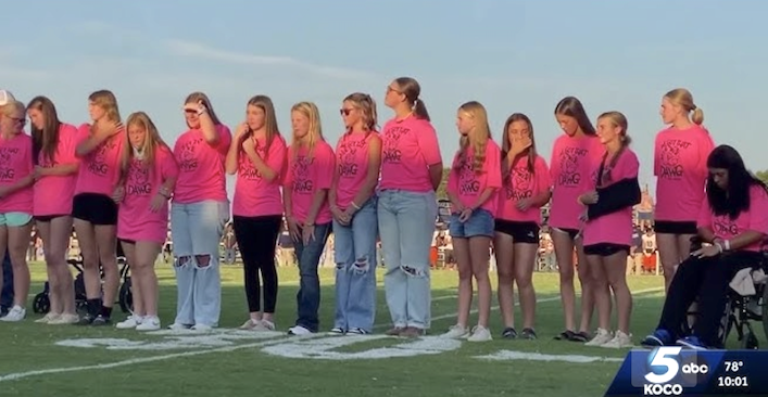 The Minco (Okla.) High softball team reunited in a ceremony at the school Friday night after the scary bus crash last Monday (Photo - KOCO News)