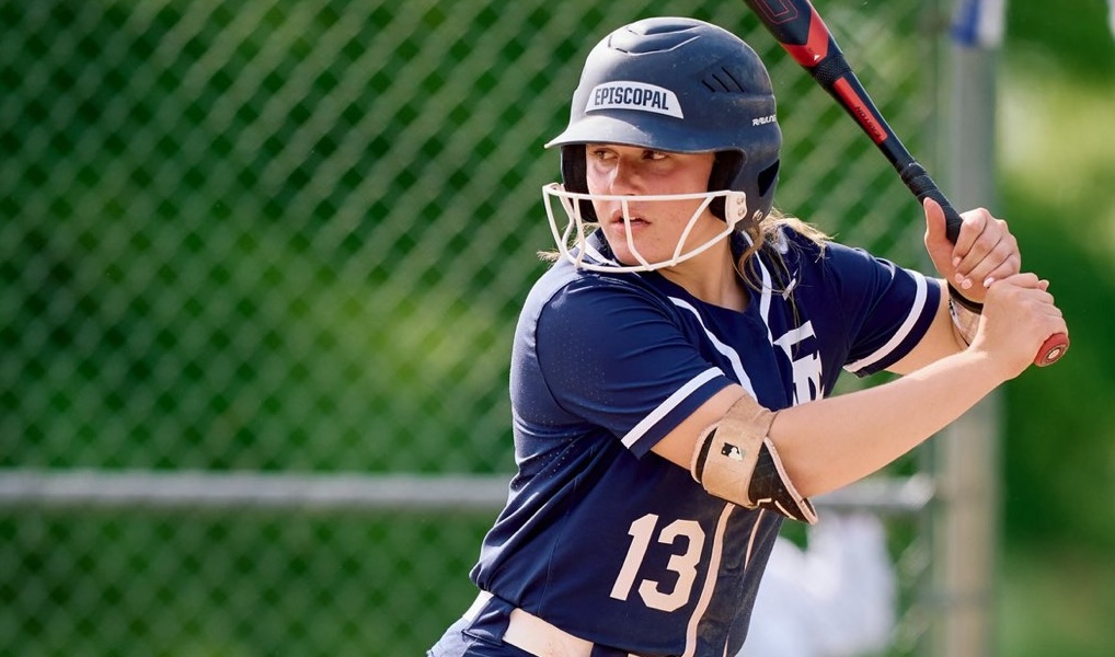 Sophia Santinelli, a Syracuse-bound infielder with Newtown Rock Gold – Garvey and a senior at Episcopal Academy (Pa.), waits on the pitch in prep action earlier this year