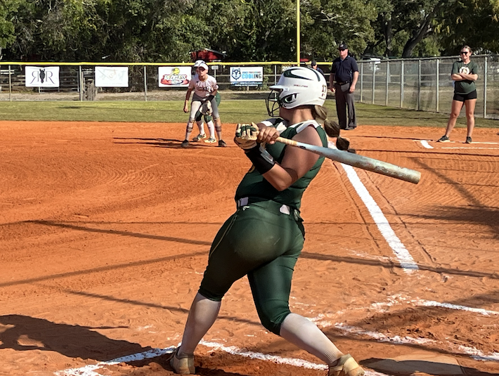 Rebecca Cunane, a 2029 pitcher:first baseman, connects for her Athletics Gold - Tamborra:Olson team