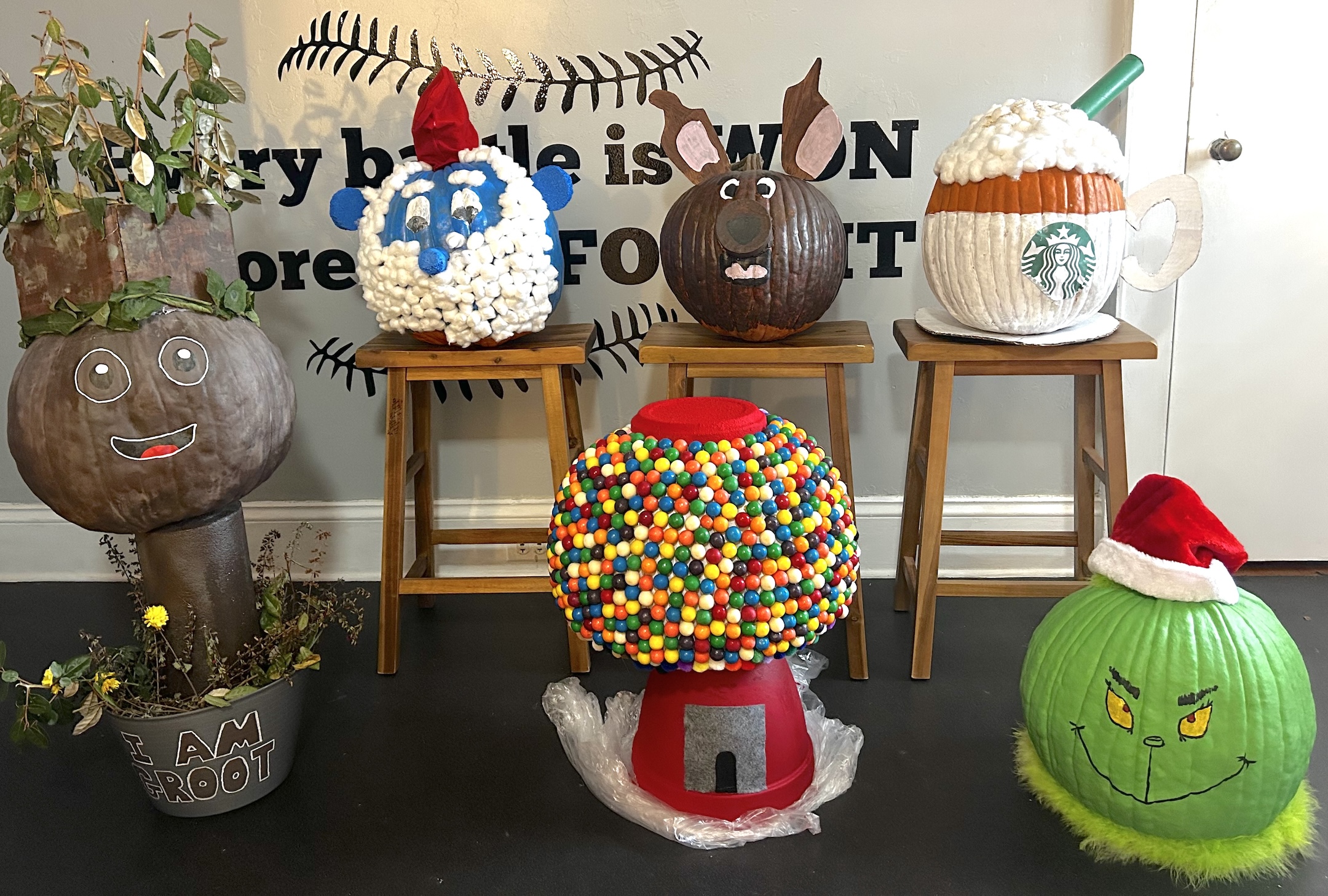 The Pfeiffer softball team decorated six pumpkins and they're all clever and well done!