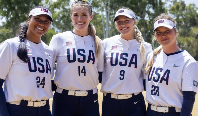 The Team USA pitching staff didn't give up a run in four games and only two hits! Pictured (l-r) - Megan Faraimo, Montana Fouts, Karlyn Pickens and Kelly Maxwell.jpg