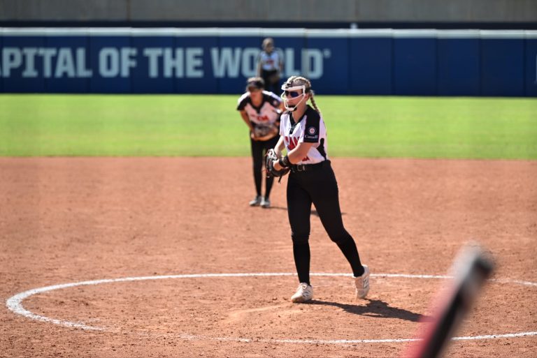 Emma Frisky pitching for Team Canada at Worlds in Oklahoma City last fall