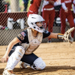 ACTION - Katie Cerda, from Salinas, Calif., behind the plate for the LTG - Carda:Madrigal team