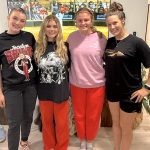 Helping Danika (far right) keep her spirits up is visiting with friends and former travel ball teammates. Pictured l-r Jocelyn & Ava Briski (Alabama) and Addison DeRoche (FSU commit)