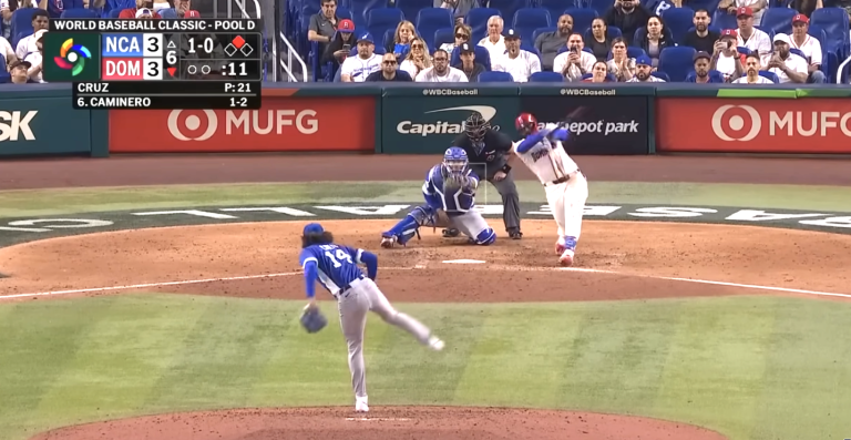 Junior Caminero home run celebration Friday evening in a game matching his Domican Republic team versus Nicaragua in the 2026 World Baseball Classic
