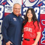 Lively Hanawalt, a 2027 third baseman and catcher for the Ohio Wolff teamk poses with Detroit Mercy Head Coach Dan Vitale on her campus visit to the Horizon League to the Horizon League university