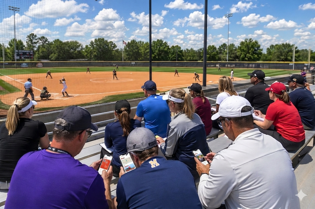 A scene shot at a game where college coaches in the stands are using the Talent Tracker to follow players they're iterested in