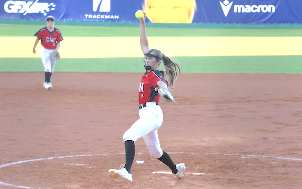 Rachel Clegg pitching against Team USA at the WBSC U-15 Women's Softball World Cup 2025 in Italy
