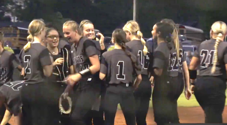The No. 1-nationally ranked South Warren Lady Spartans celebrate after the Friday night win over No 22 Green Hill (Mt. Juliet, Tenn.)