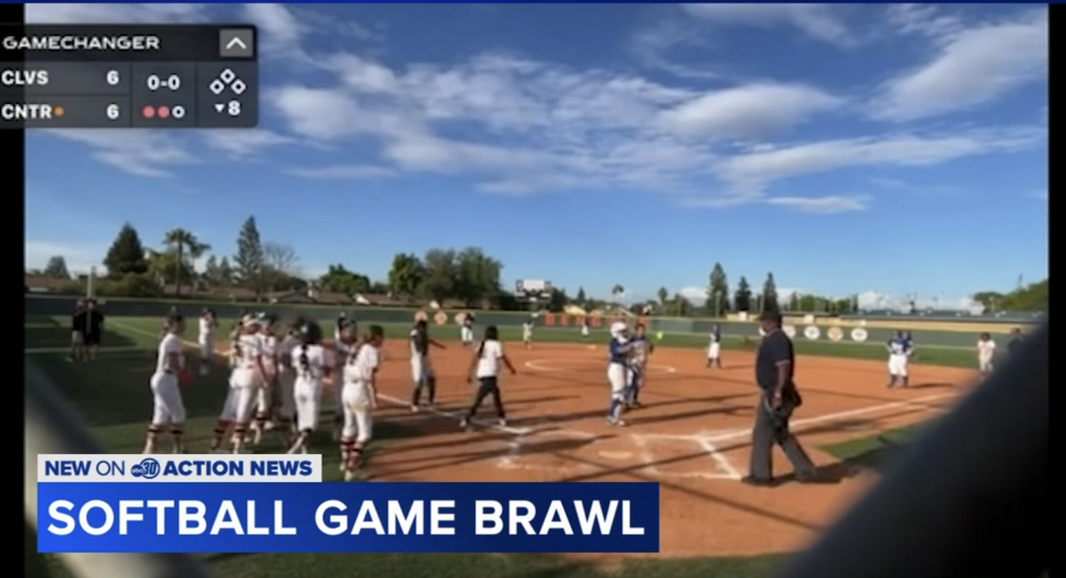 A screenshot of the post-game brawal between two Fresno-area high school softball teams on Friday, April 25, 2026. Image by ABC20