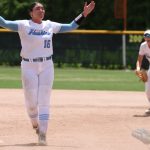 Bella Ortiz celebrates after getting the final out in the Florida Class 7A state championship as teammate and good friend That is Alina Gallaher heads to the circle
