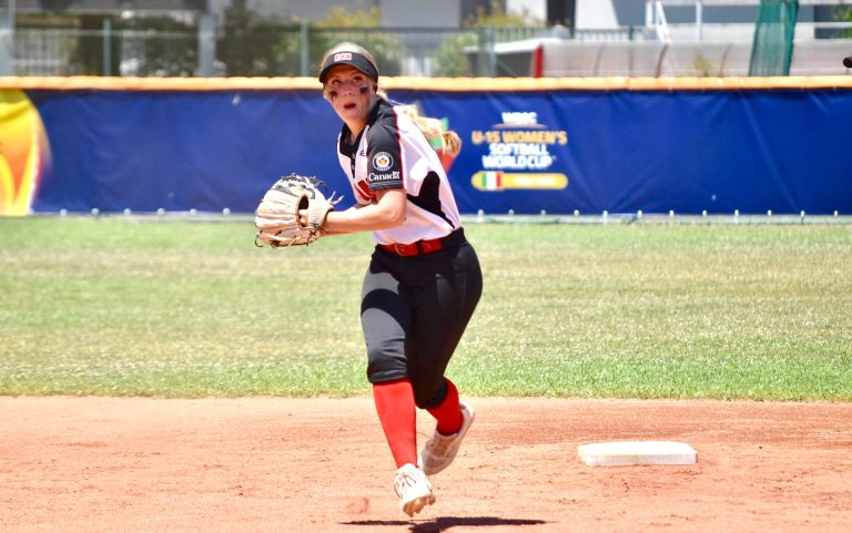 Sara MacDonald records an out at WBSC Italy