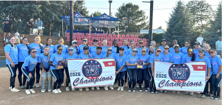 The players from the 16U and 14U Bombers teams pose after both won championships at the P5 Patriot Games on Saturday