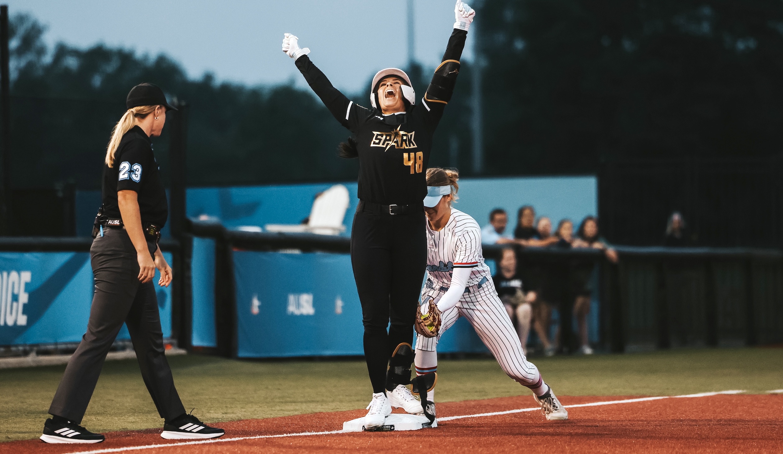 Bubba Nickles-Camarena celebrates after her third inning triple. All photos & information courtesy of AUSL