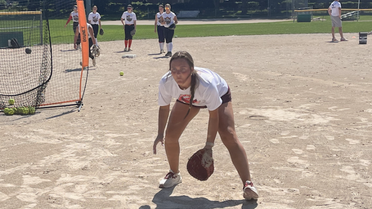 Emma Knight of Boston College demonstrates proper infielder footwork at the Canadian Elite Softball Camp on Wednesday in Ontario, Canada